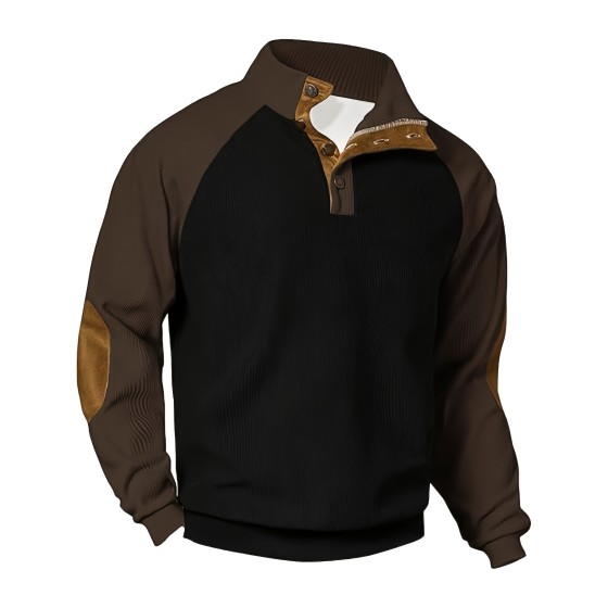 Men's Vintage Patchwork Henley – Rugged Outdoor Long Sleeve Top